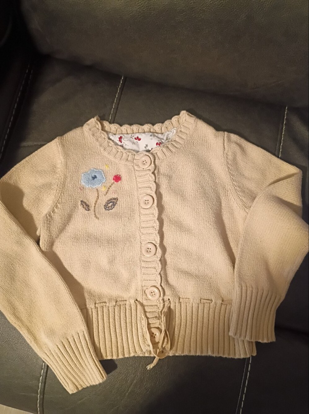 Girls' Cream Knit Cardigan Sweater with Floral Embroidery